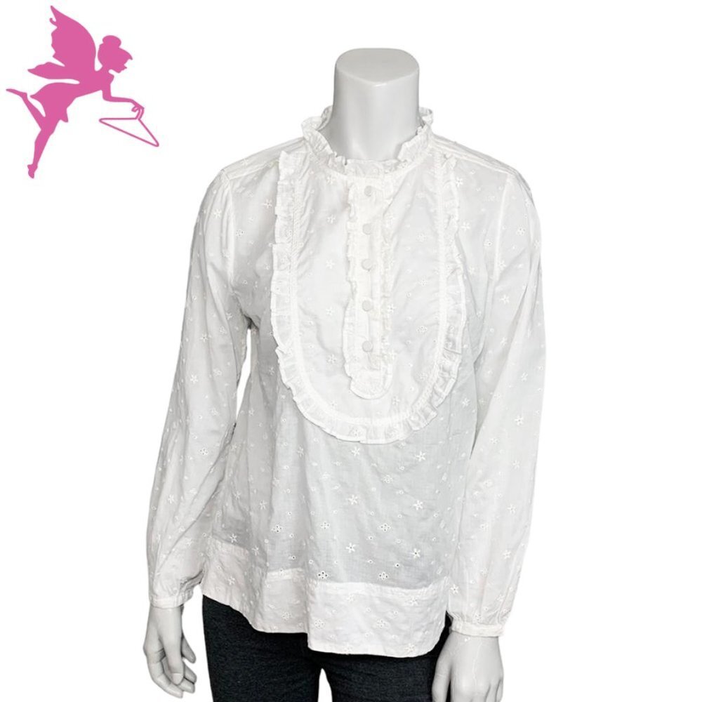 NWT J.CREW Floral Eyelet Ruffle Bib Long Sleeve Blouse